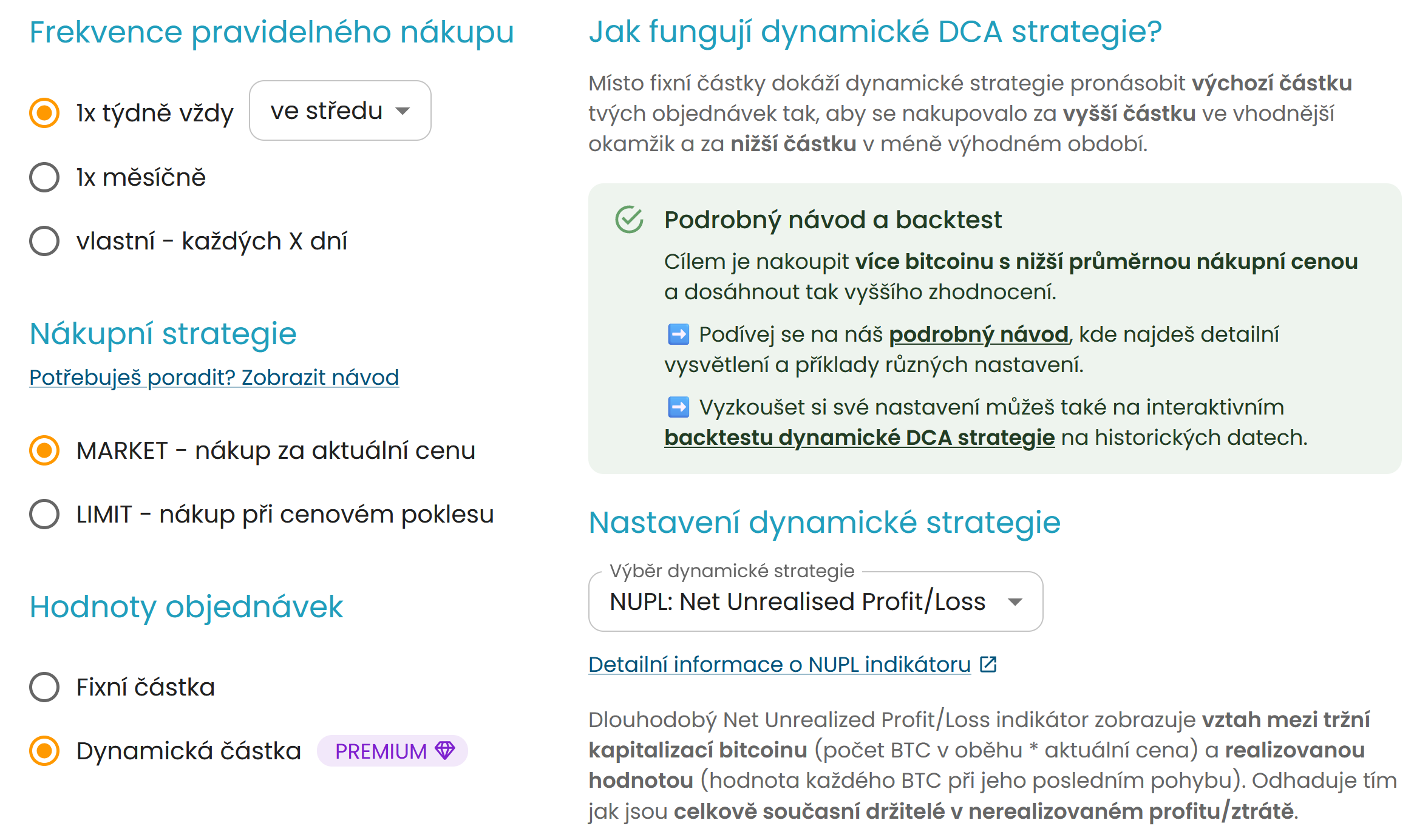 Výběr frekvence, MARKET nebo LIMIT strategie a nově možnost nastavení ...